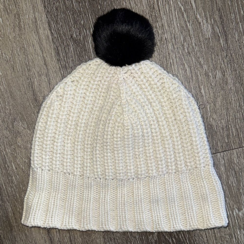 Kate Spade Cream Knit Beanie with Black Pom